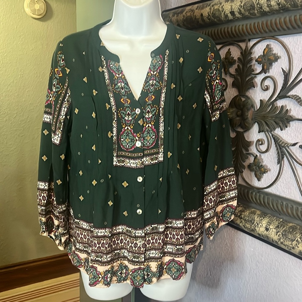 EUC Anthropology Fig & Flower  Boho Women's Green Patterned Top Sz PM